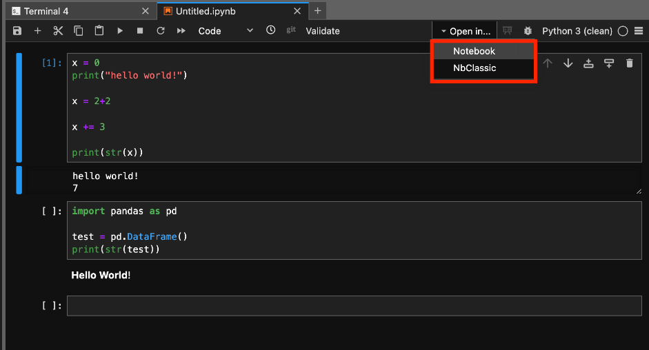 A notebook with the dropdown for opening it in Notebook7/NBClassic is highlighted.