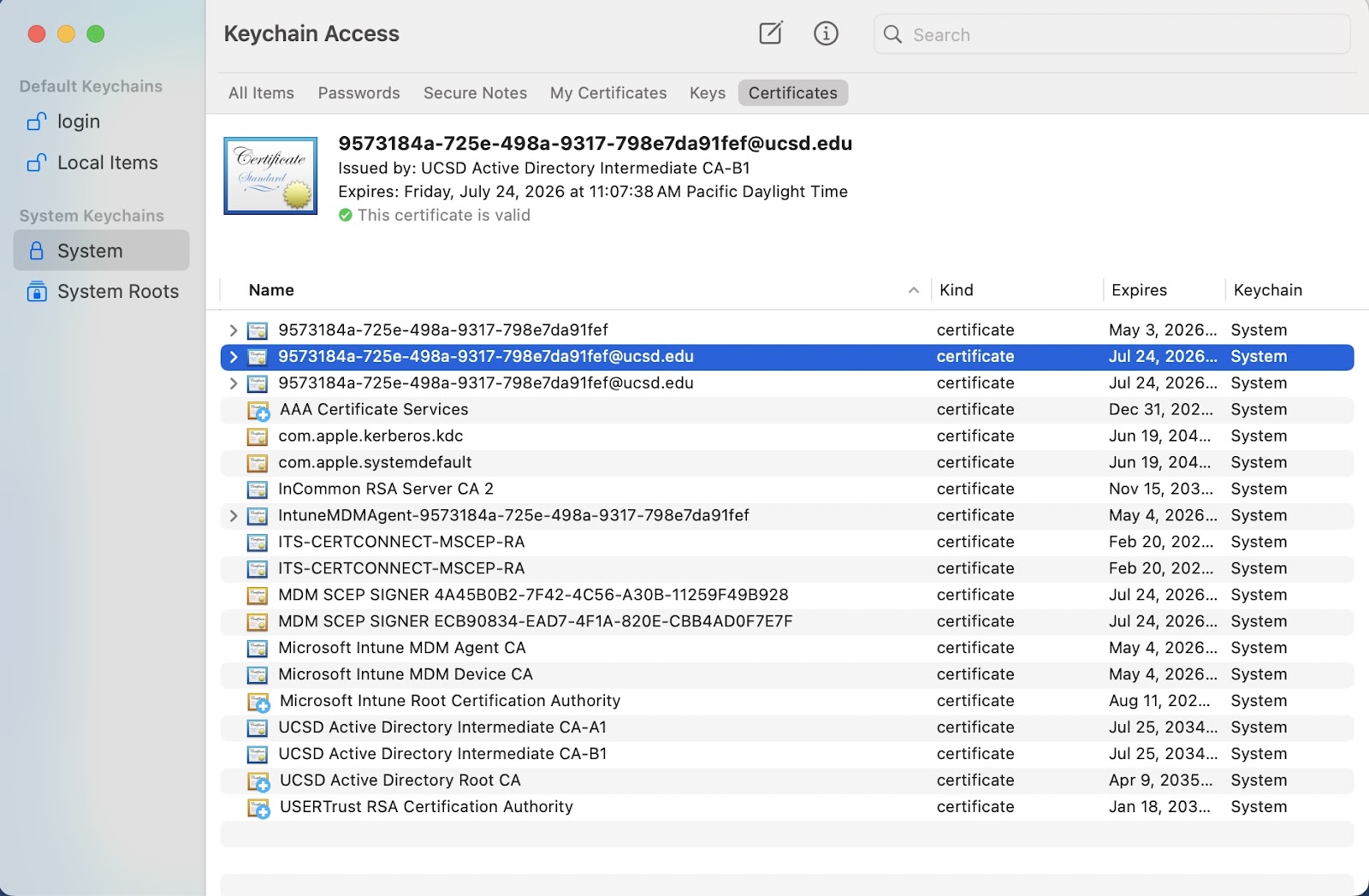 MAC Keychain Access Screenshot of MAC Keychain Access with a UCSD-issued device certificate highlighted