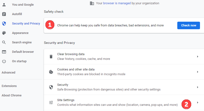 Screenshot of the Site Settings window