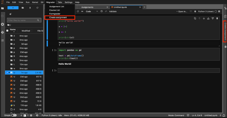 The JupyterLab UI, but with the NBGrader dropdown tab highlighted. The "Create assignment" option is highlighted in red. There is also a "Create assignment" tab on the right side of the notebook.