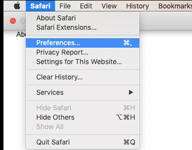 Screenshot of the "Preferences" button on the Safari menu bar