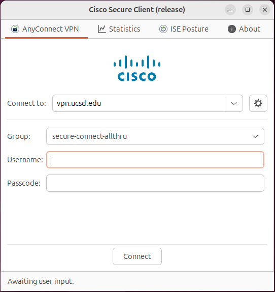 Linux Secure Client Screenshot of the Secure Client VPN with the ISE posture module installed