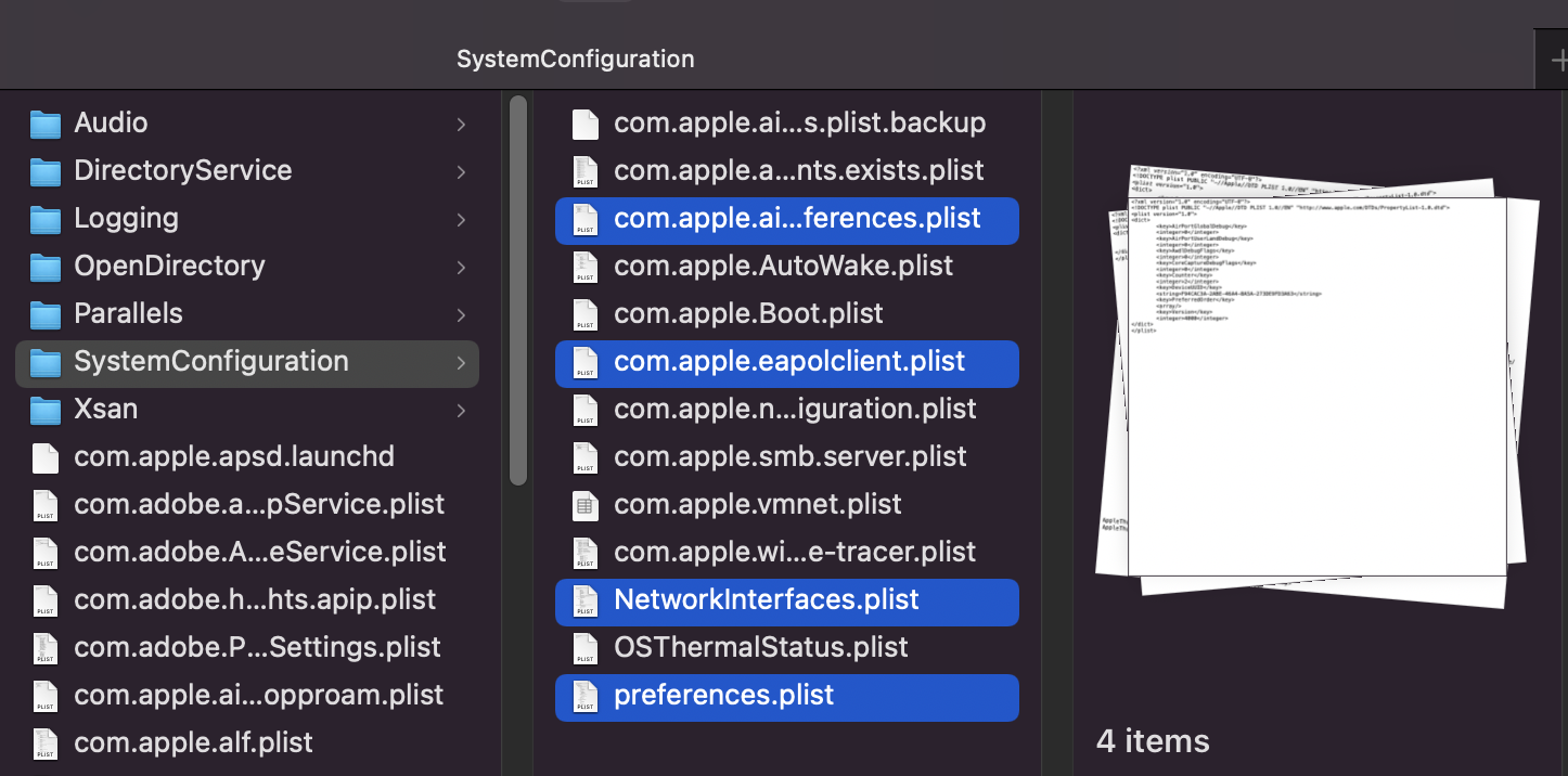 SystemConfiguration folder showing a list of plists SystemConfiguration folder showing a list of plists