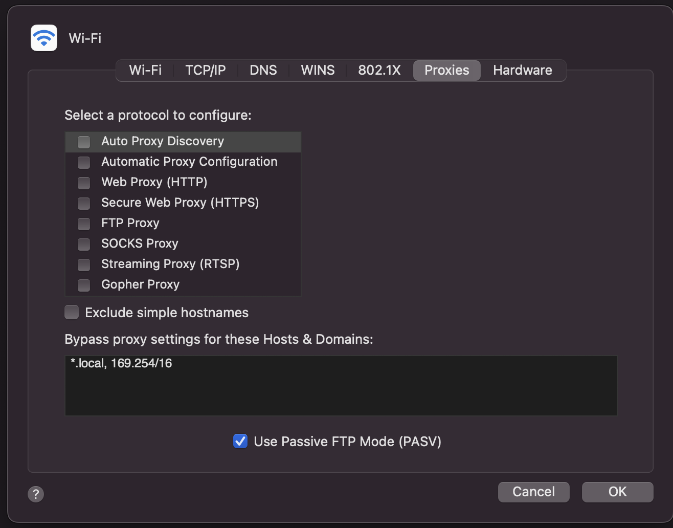 Screenshot of proxies tab on Wi-Fi settings before MacOS 13