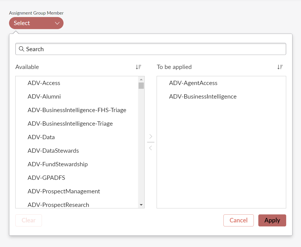 screenshot of a filter on assignment groups