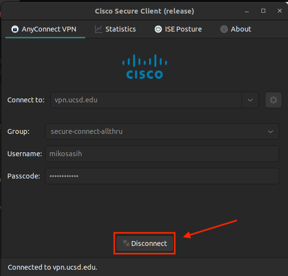 Linux Cisco VPN Client Screenshot of Linux Cisco VPN Client with a red box around the "Disconnect" button and a red arrow pointing to it