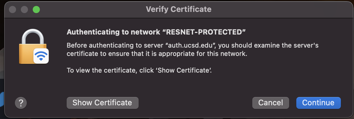 Screenshot of Prompt to authenticate to network "RESNET-PROTECTED" Screenshot of Prompt to authenticate to network "RESNET-PROTECTED"