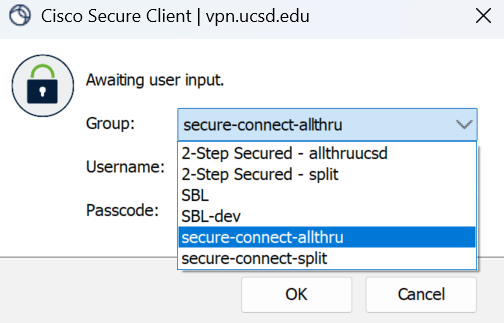 Screenshot of VPN Tunnel Groups Screenshot of the Cisco VPN Secure Client Tunnel groups with a red box around the secure-connect-allthu and secure-connect-split tunnel groups