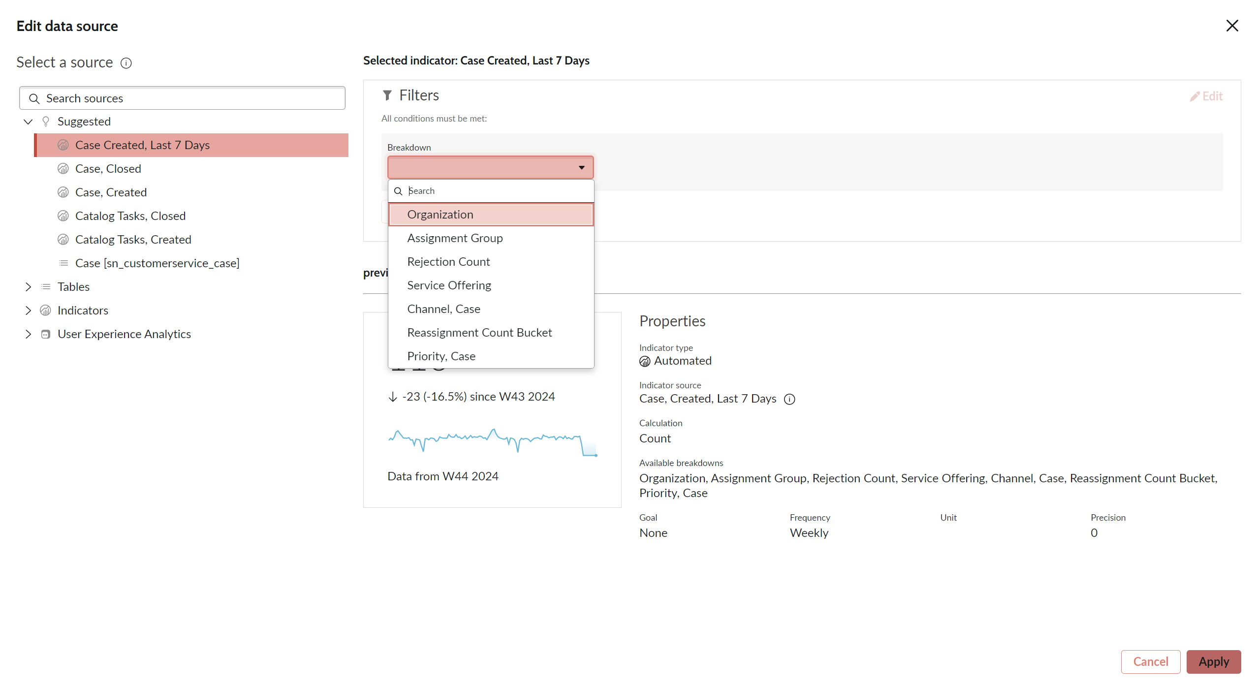 screenshot of data source selection for reporting