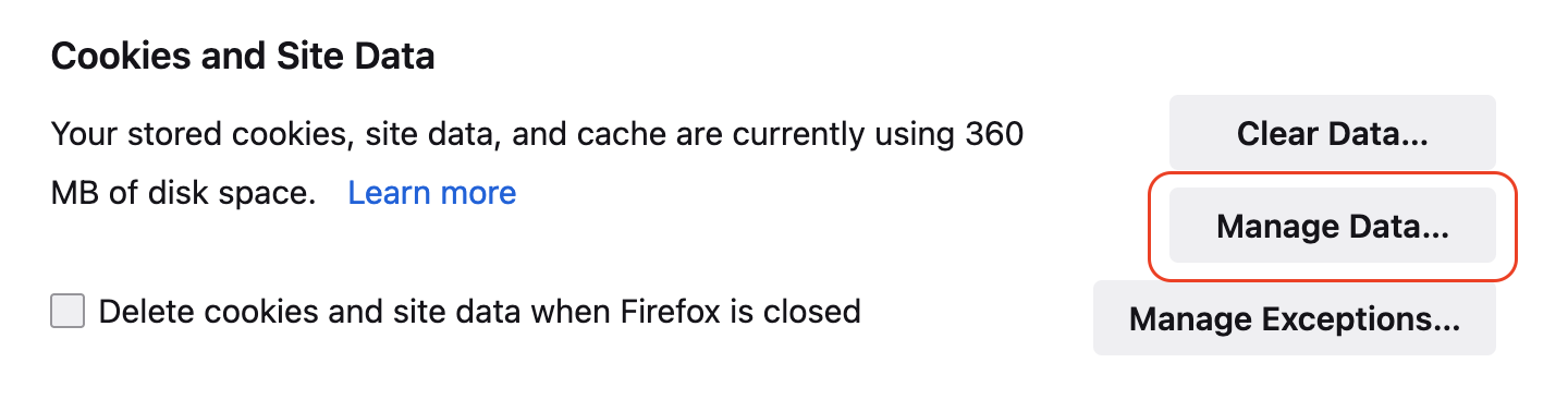 Screenshot: Firefox Manage Data Button