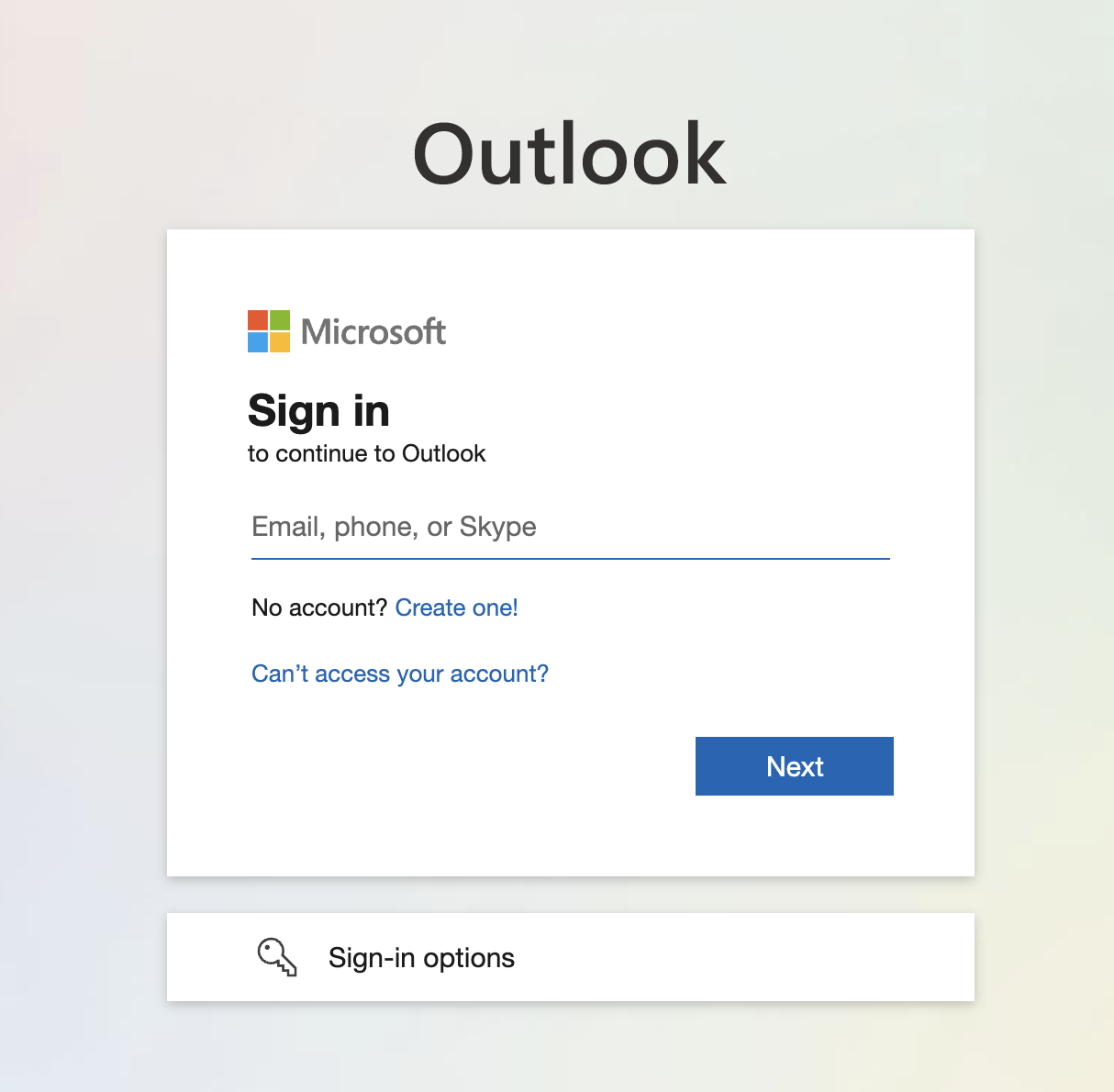 Outlook log in screen