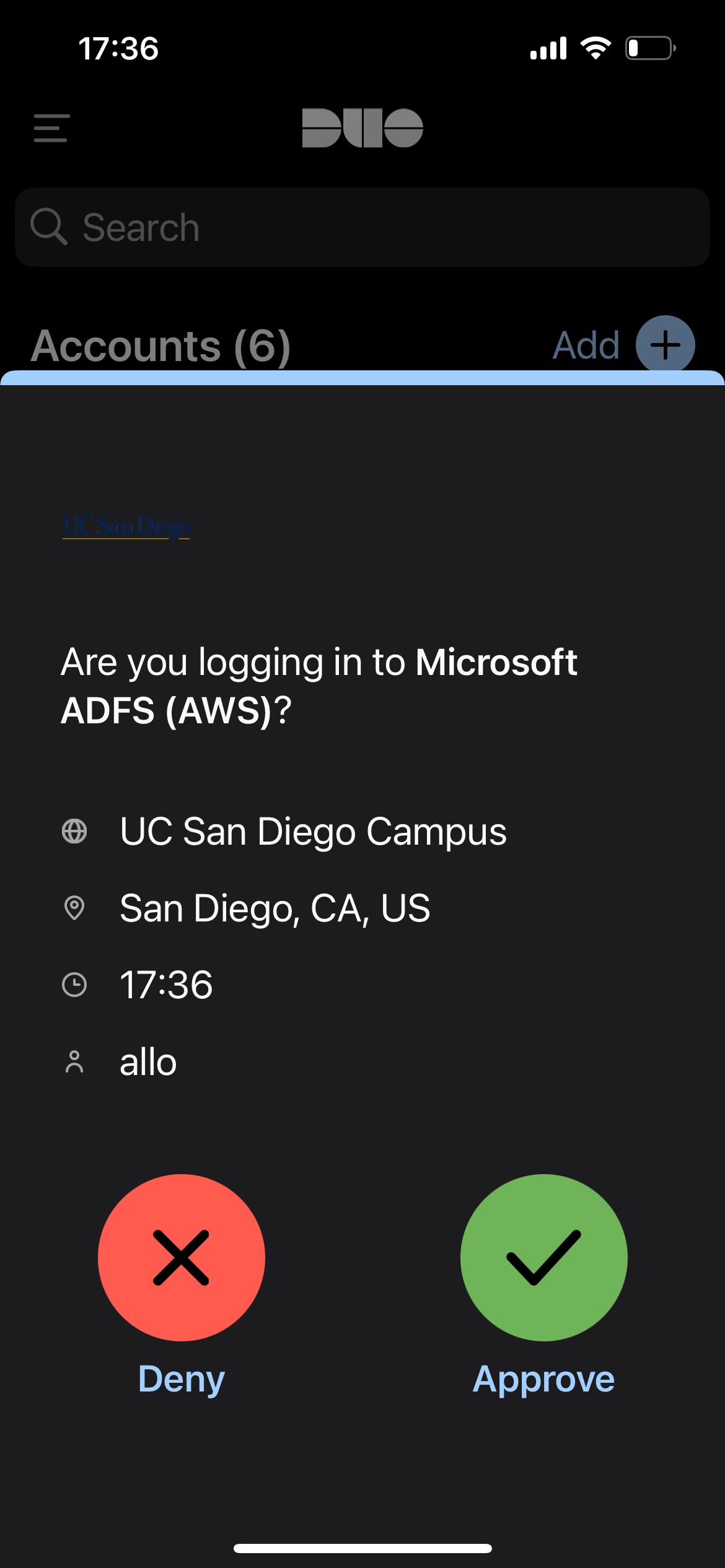 DUO authentication prompt on the Mobile App. 