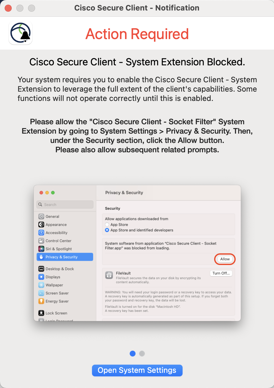 Screenshot of VPN Action Required pop-up for VPN system extension blocked on Mac
