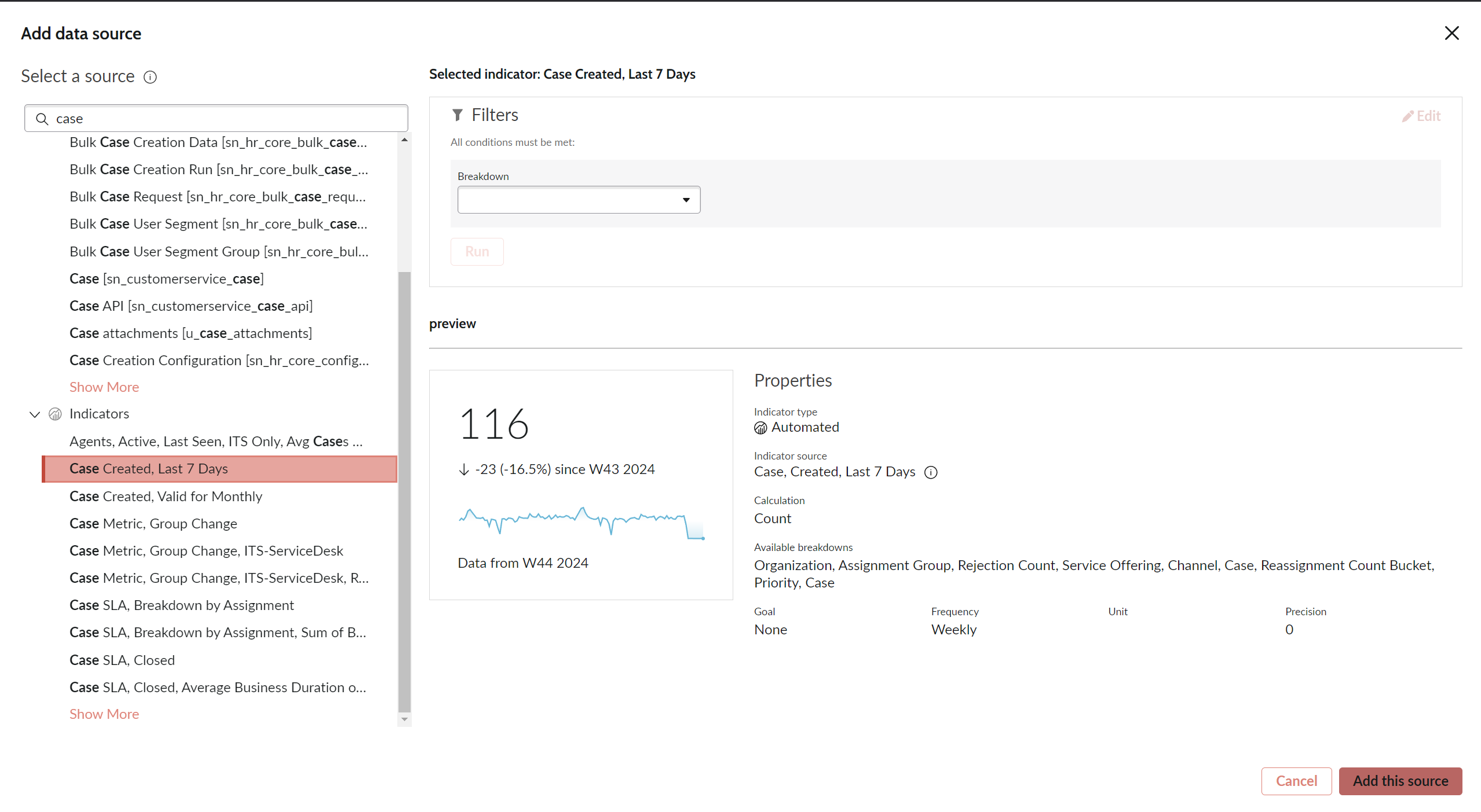 screenshot of data source selection for reporting