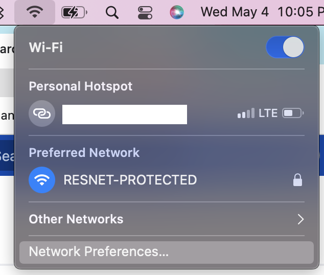 Screenshot of "Network Preferences..." highlighted on the Wifi menu Screenshot of "Network Preferences..." highlighted on the Wifi menu