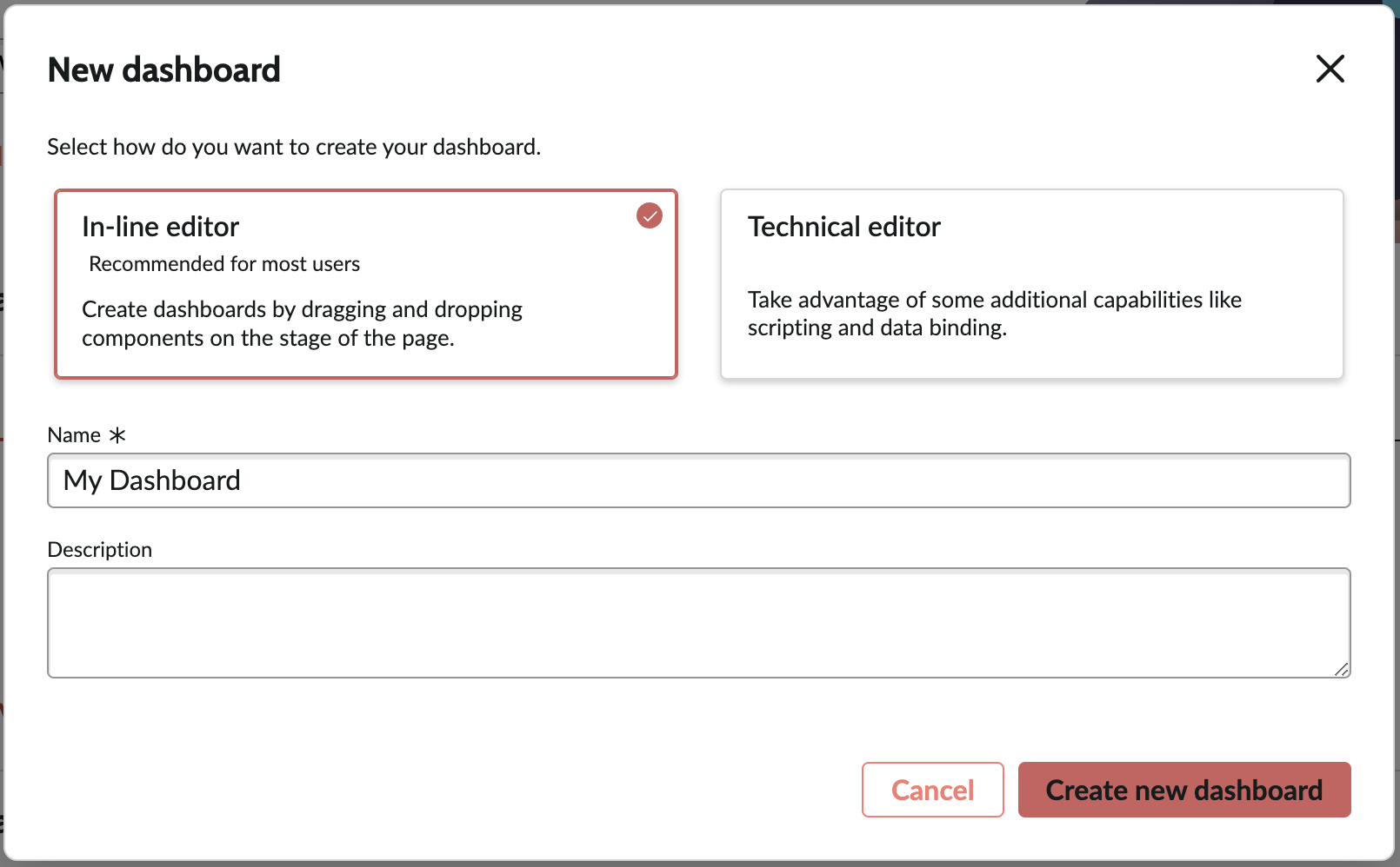 Screenshot of New Dashboard window with fields to write the Name and Description