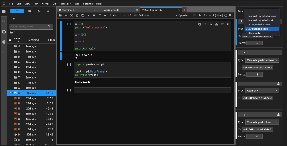 A JupyterLab notebook with the NBGrader assignment UI opened. It shows each of the individual cells in the notebook and their type (read-only, autograded task, etc.)