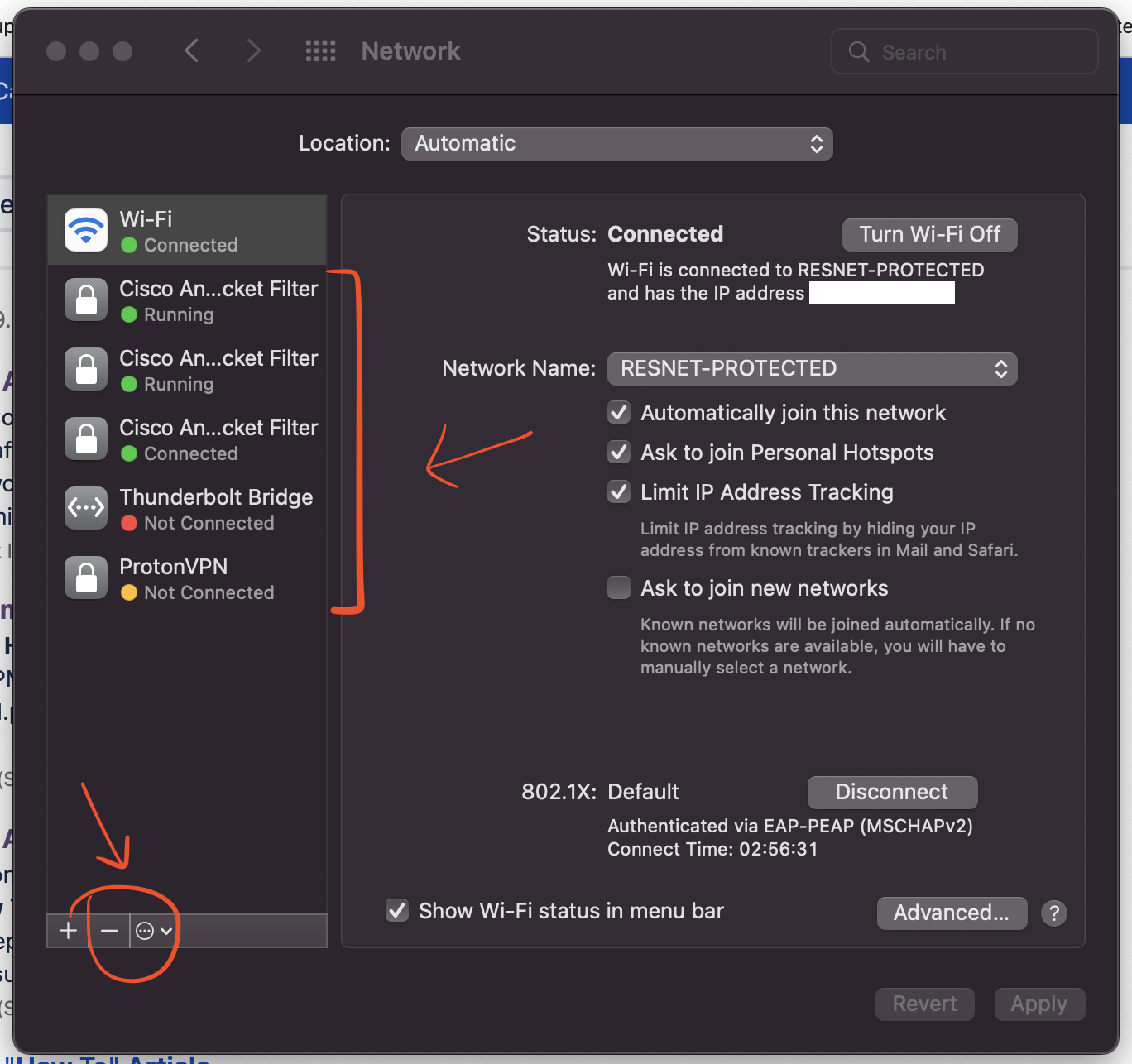 Screenshot of network settings - minus icon is circled at the interface's list bottom Screenshot of network settings - minus icon is circled at the interface's list bottom