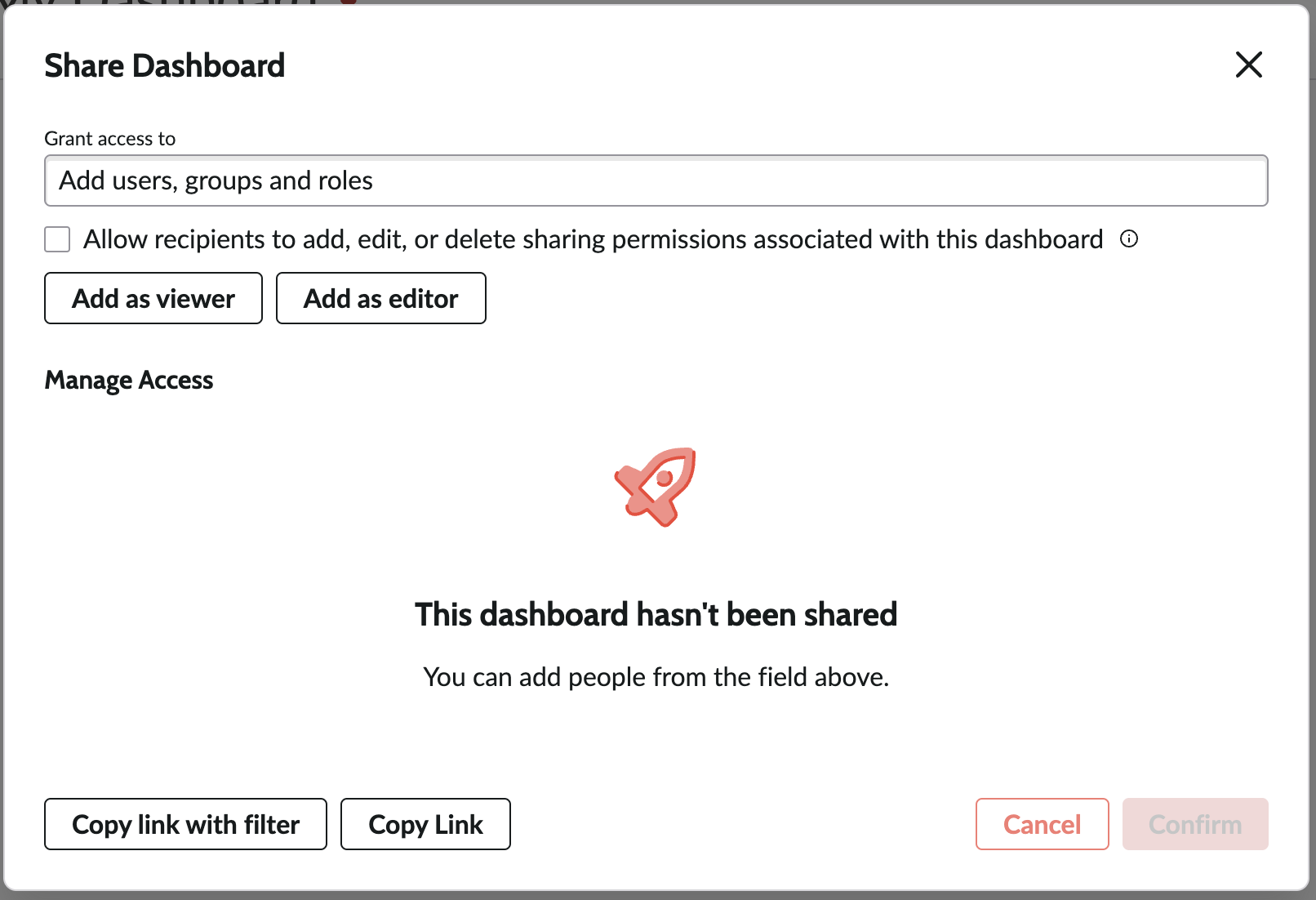 Screenshot of the "Share Dashboard" window with options on who to share it with