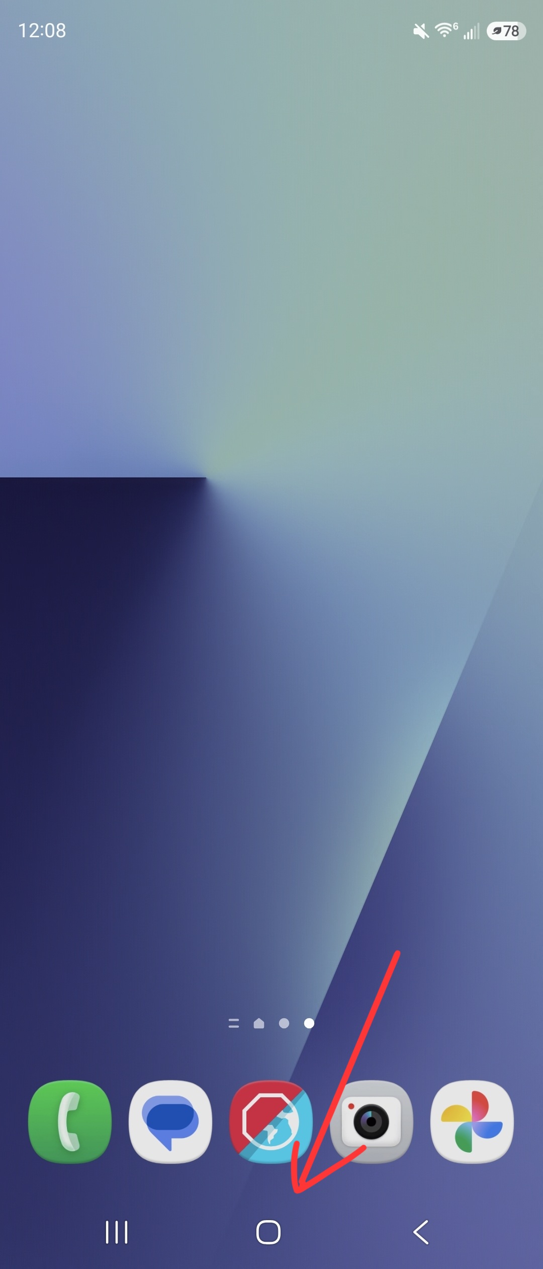Home screen of an Android phone with an arrow pointing to the central home button