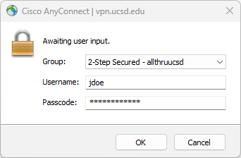 AnyConnect step 7.png Choosing VPN group and entering AD credentials for the VPN