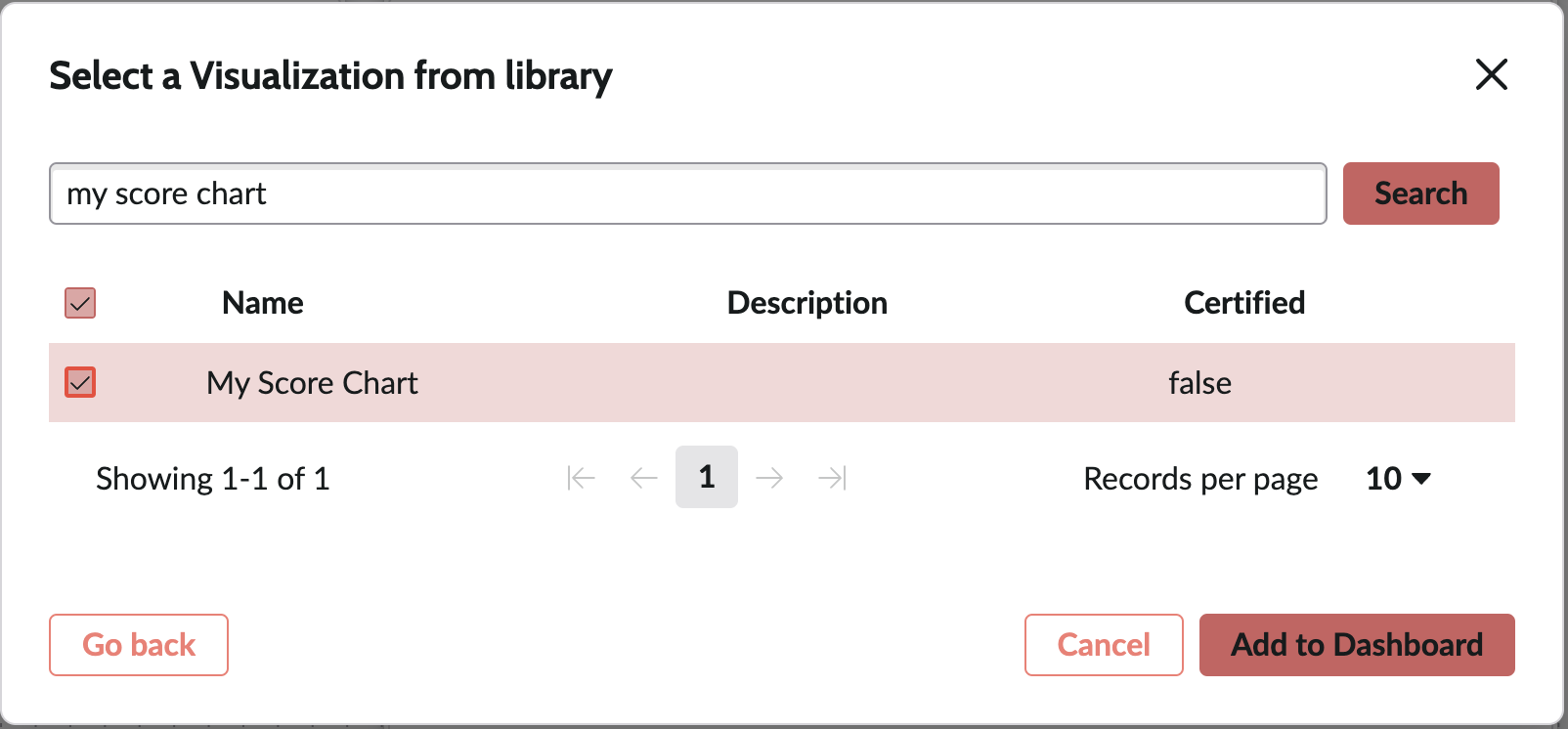 Screenshot of window to select a visualization from library