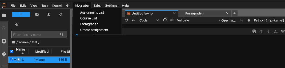 The JupyterLab UI, but with the NBGrader dropdown tab highlighted.