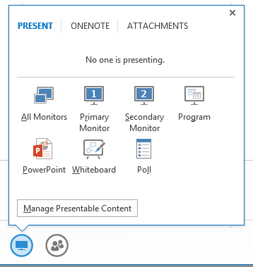 Screenshot: Select monitor icon and this will bring up the following options to share - all monitors, primary monitor, secondary monitor, program, PowerPoint, Whiteboard, or Poll. There are additional options to share OneNote files and Attachments.