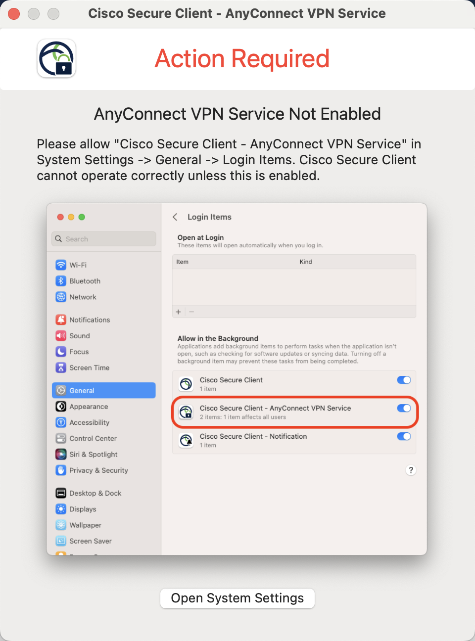 Screenshot of VPN action required pop-up Screenshot of VPN Action Required pop-up for VPN service not being enabled on Mac