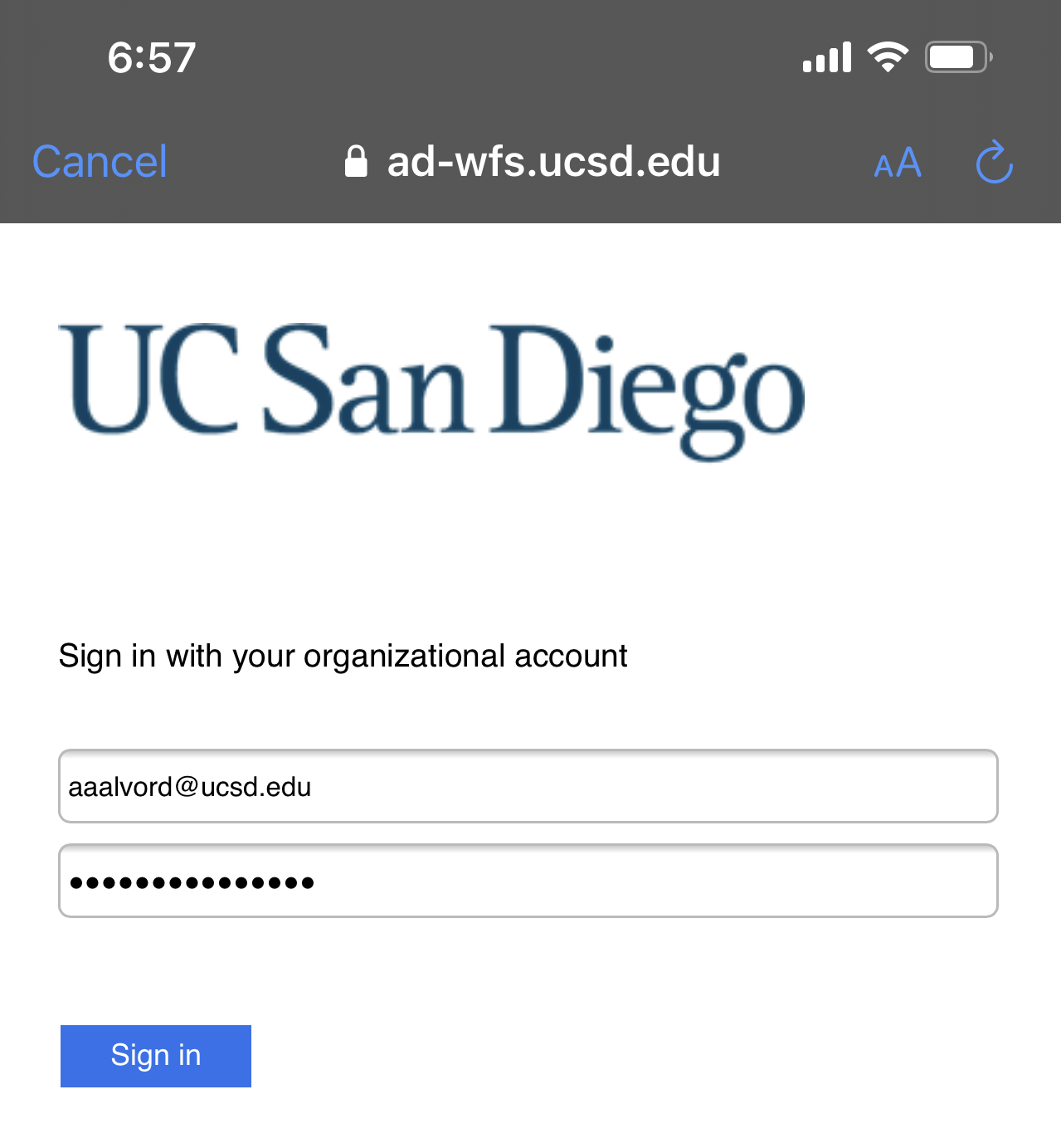 UC San Diego log in page with credentials filled out 