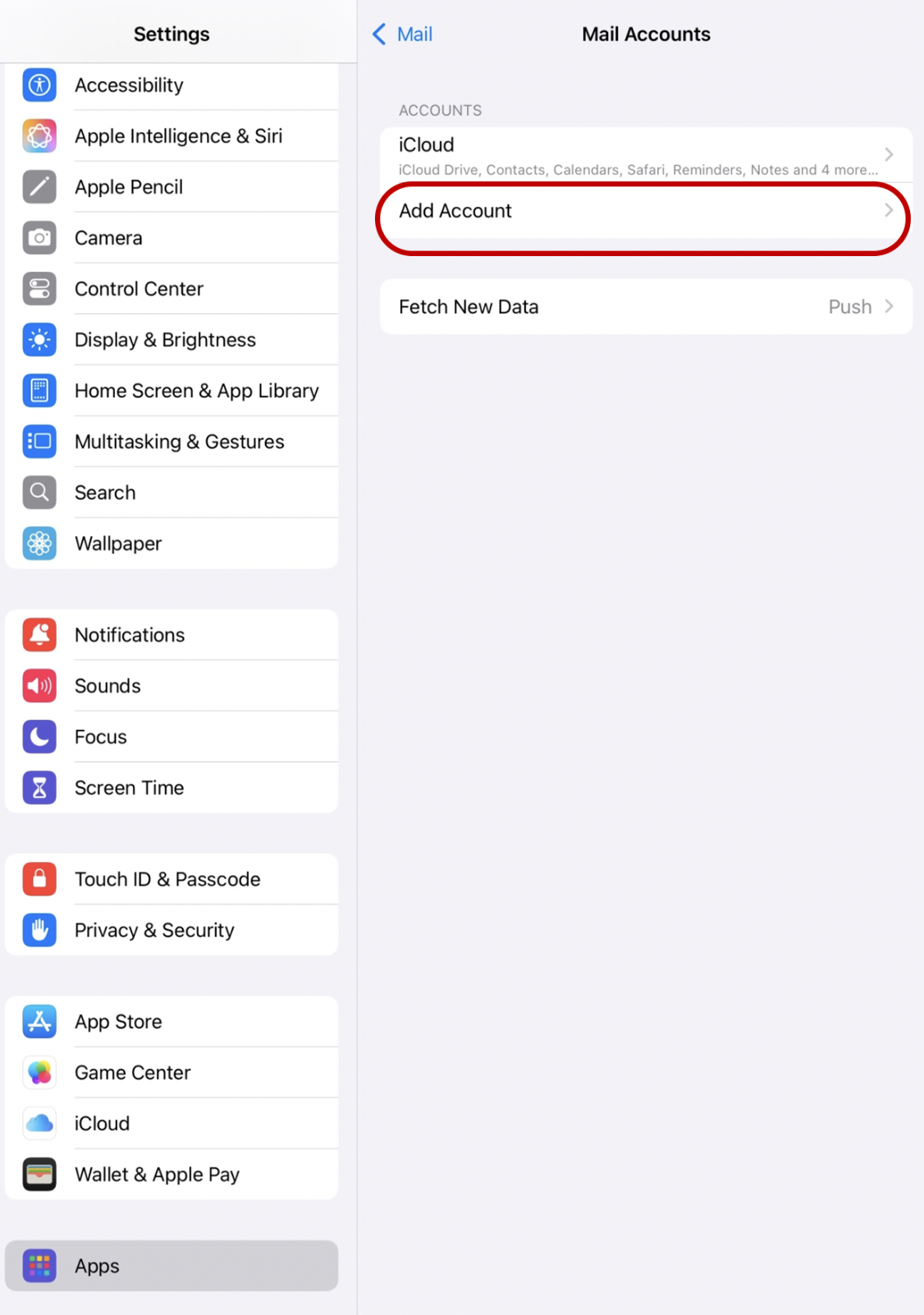 iOS Mail settings with 'Add Account' highlighted