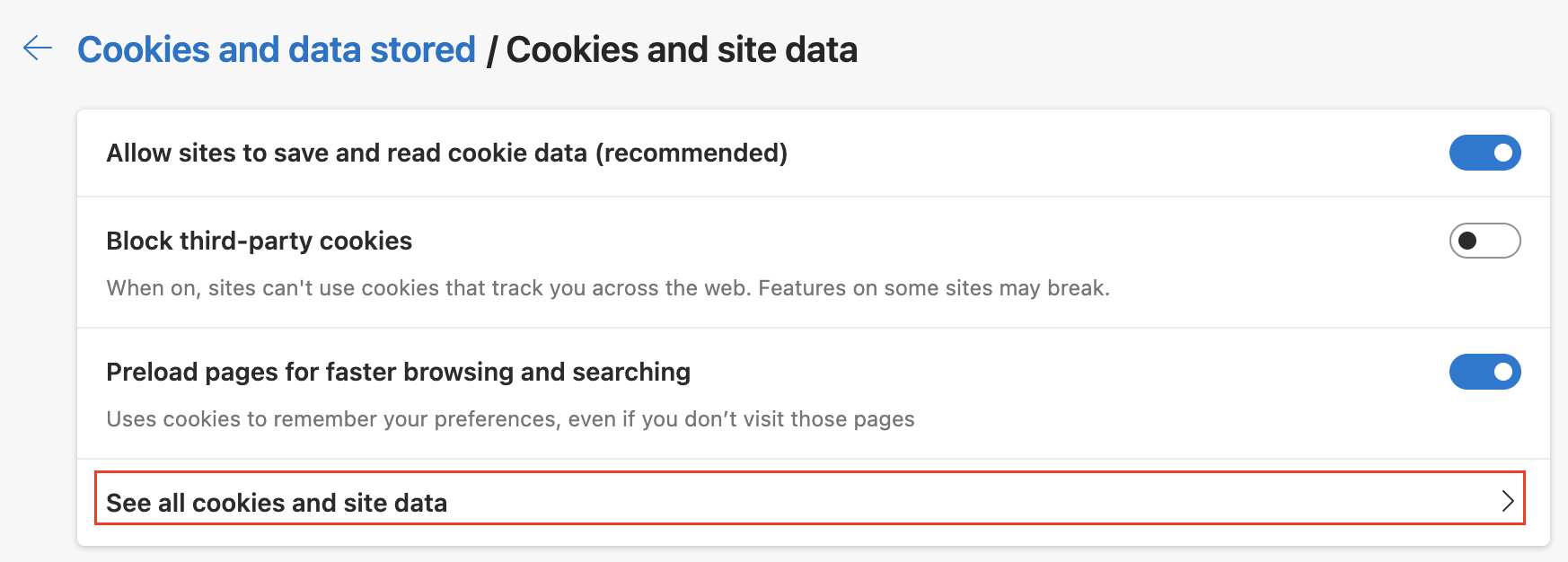 Screenshot: Edge - See all cookies option