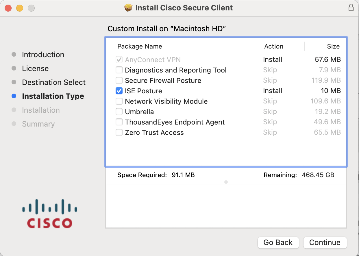 VPN customer installer Screenshot of VPN custom installer with only the ISE Posture checked
