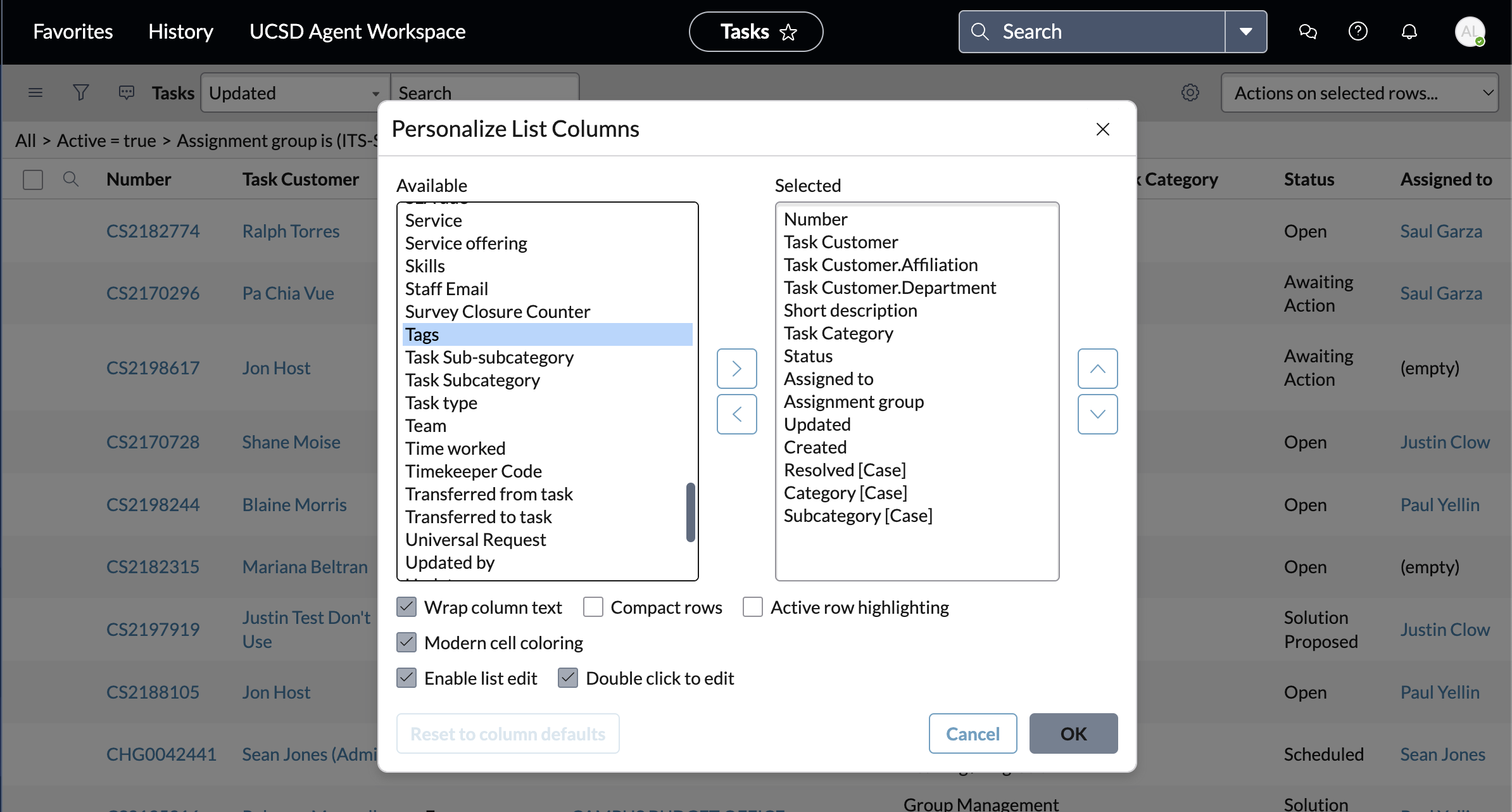 Screenshot of Personalized Column List Window 